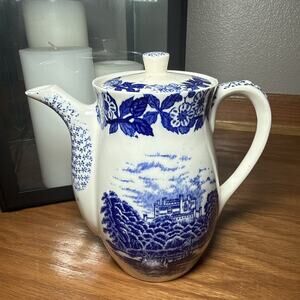 VTG Blue White Japan Transferware Teapot Decor Countryside Scene Floral Drains